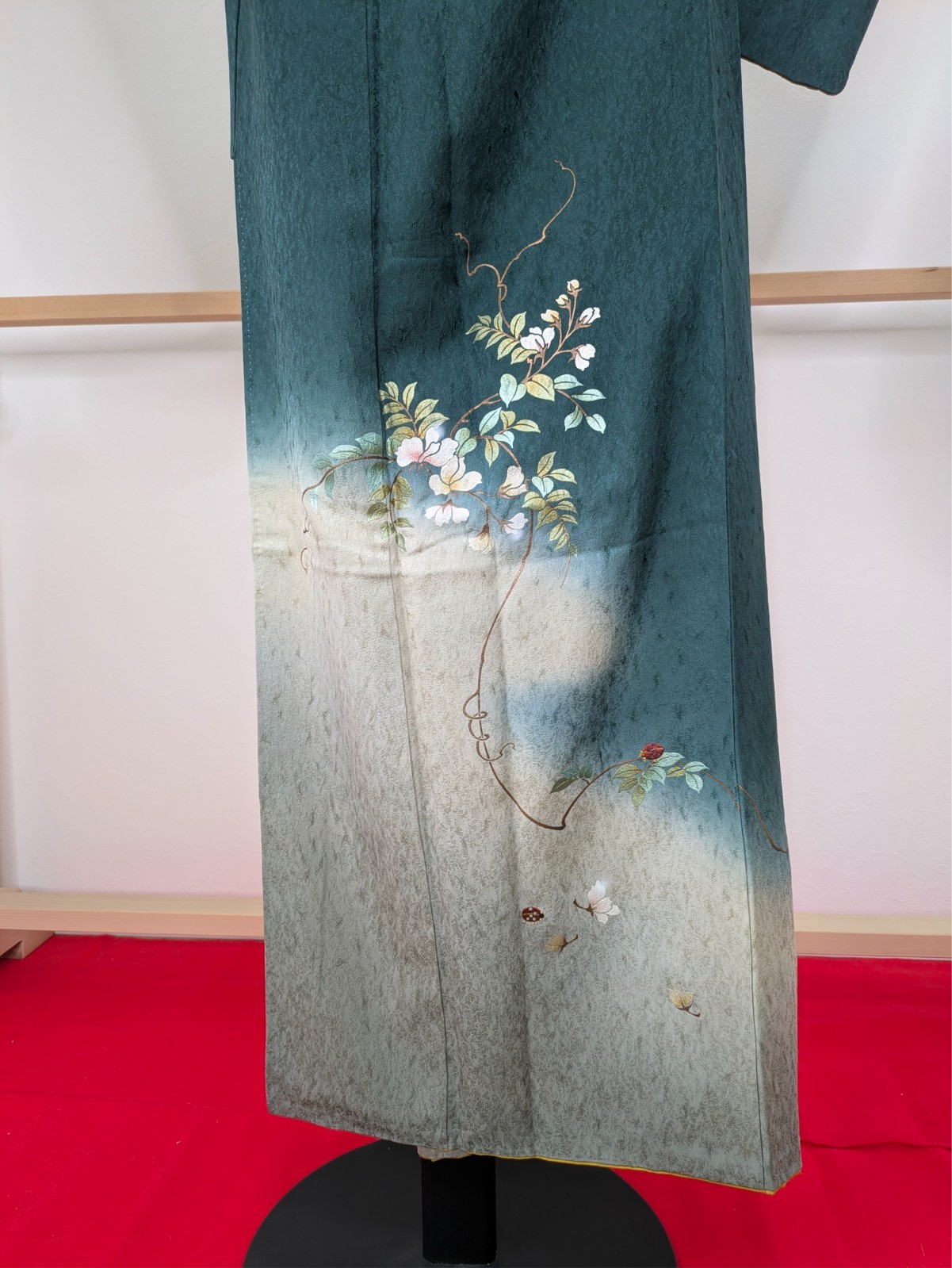 Authentic Japanese Kimono Silk Tomesode Dark Green Floral Embroidery Textile Art