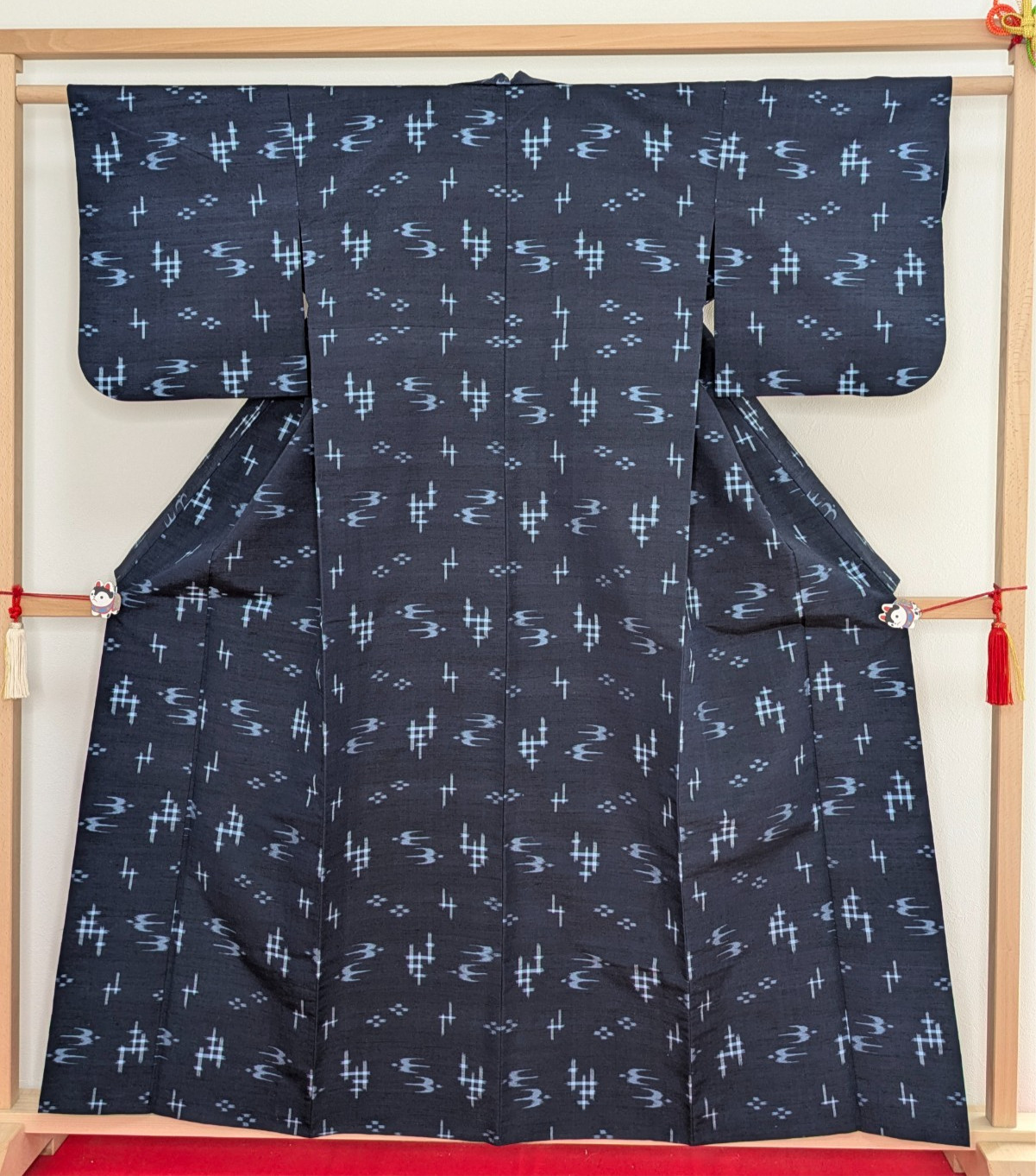 Authentic Japanese Kimono Pure Silk Hitoe Navy Blue Ryukyu-Gasuri Ikat Unlined