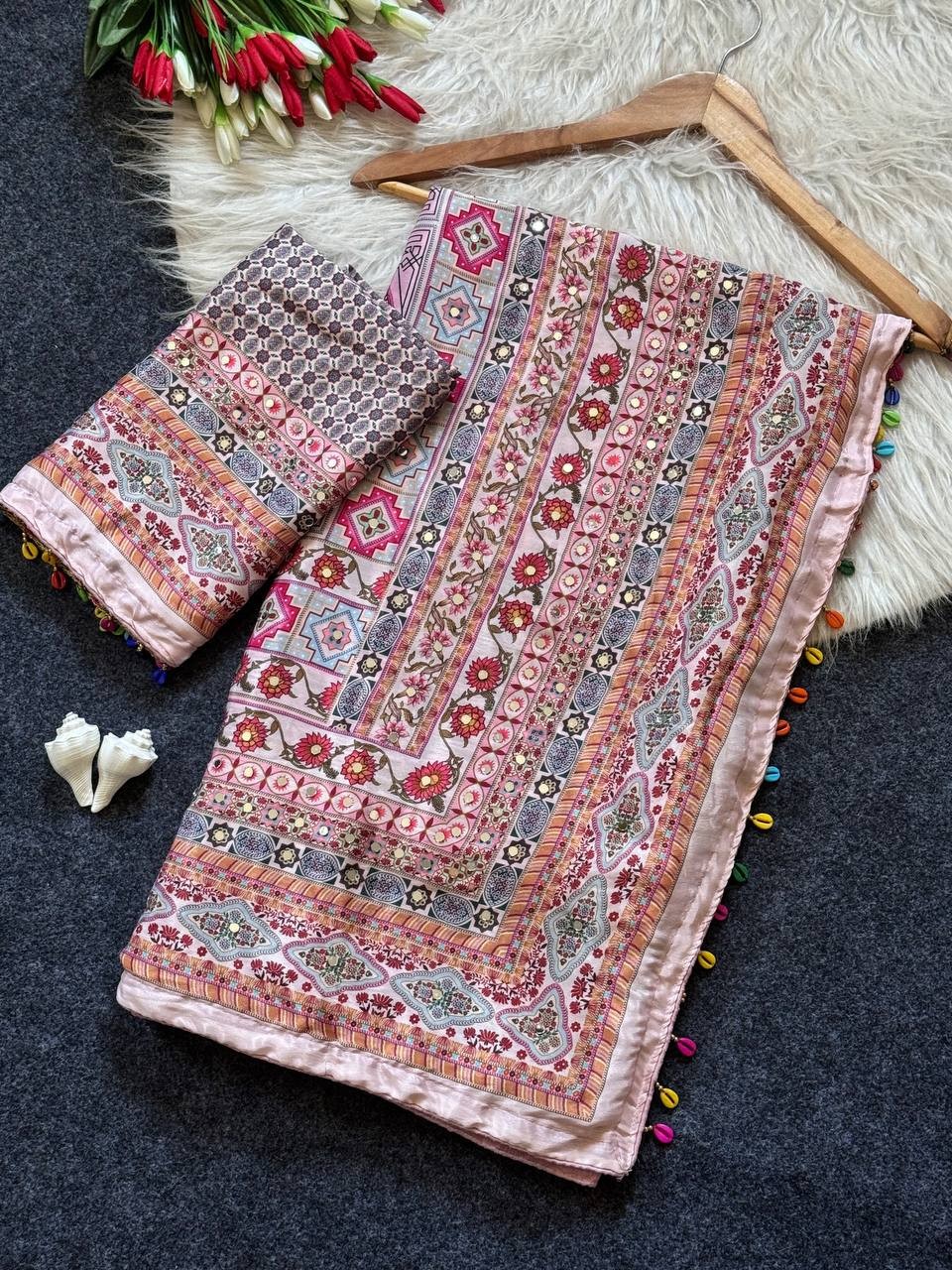 Roman Silk Saree Position Print real Mirror Work Piping Border Pallu latkan