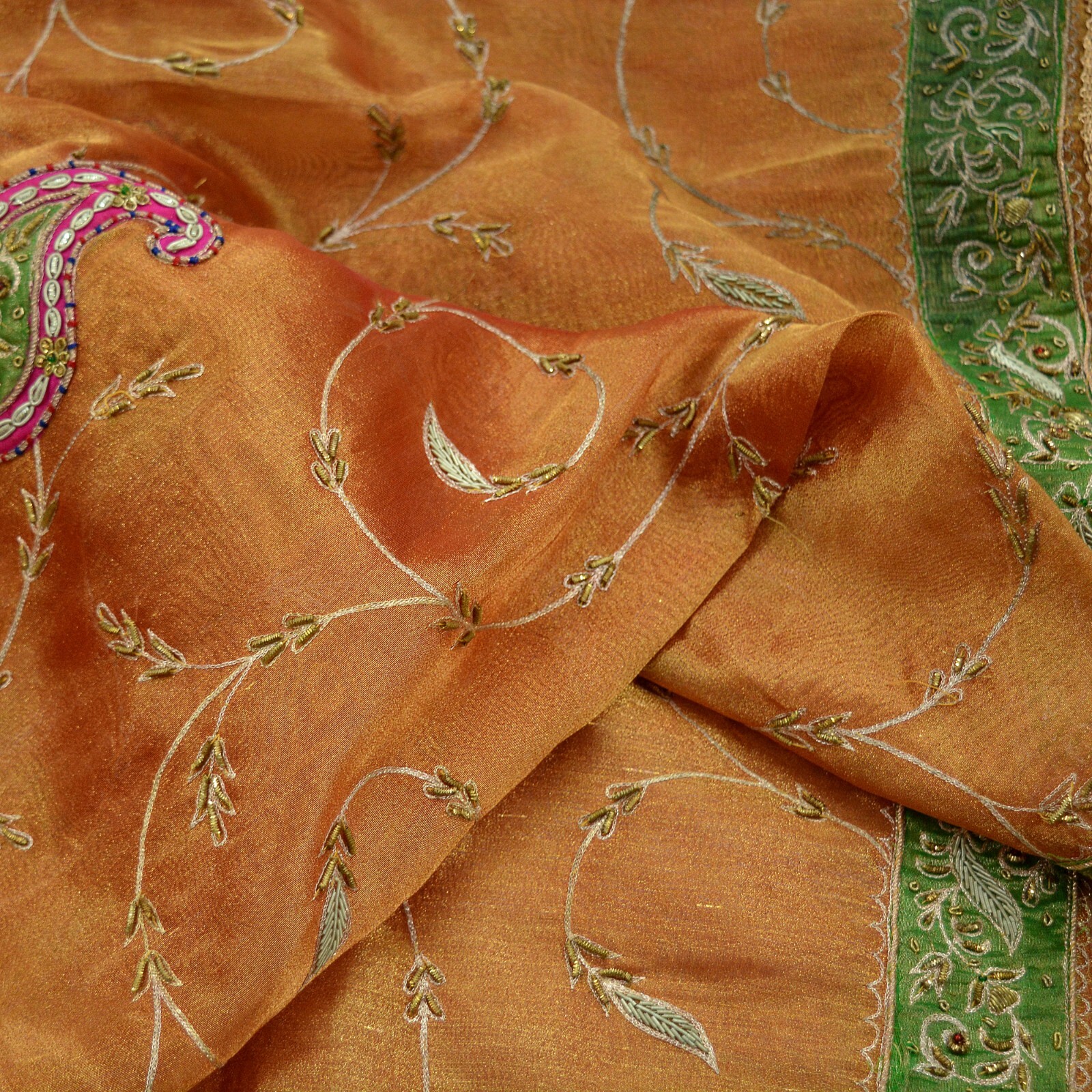 Vintage Heavy Golden Dupatta Pure Tissue Silk Long Stole Hand Embroidered Scarf