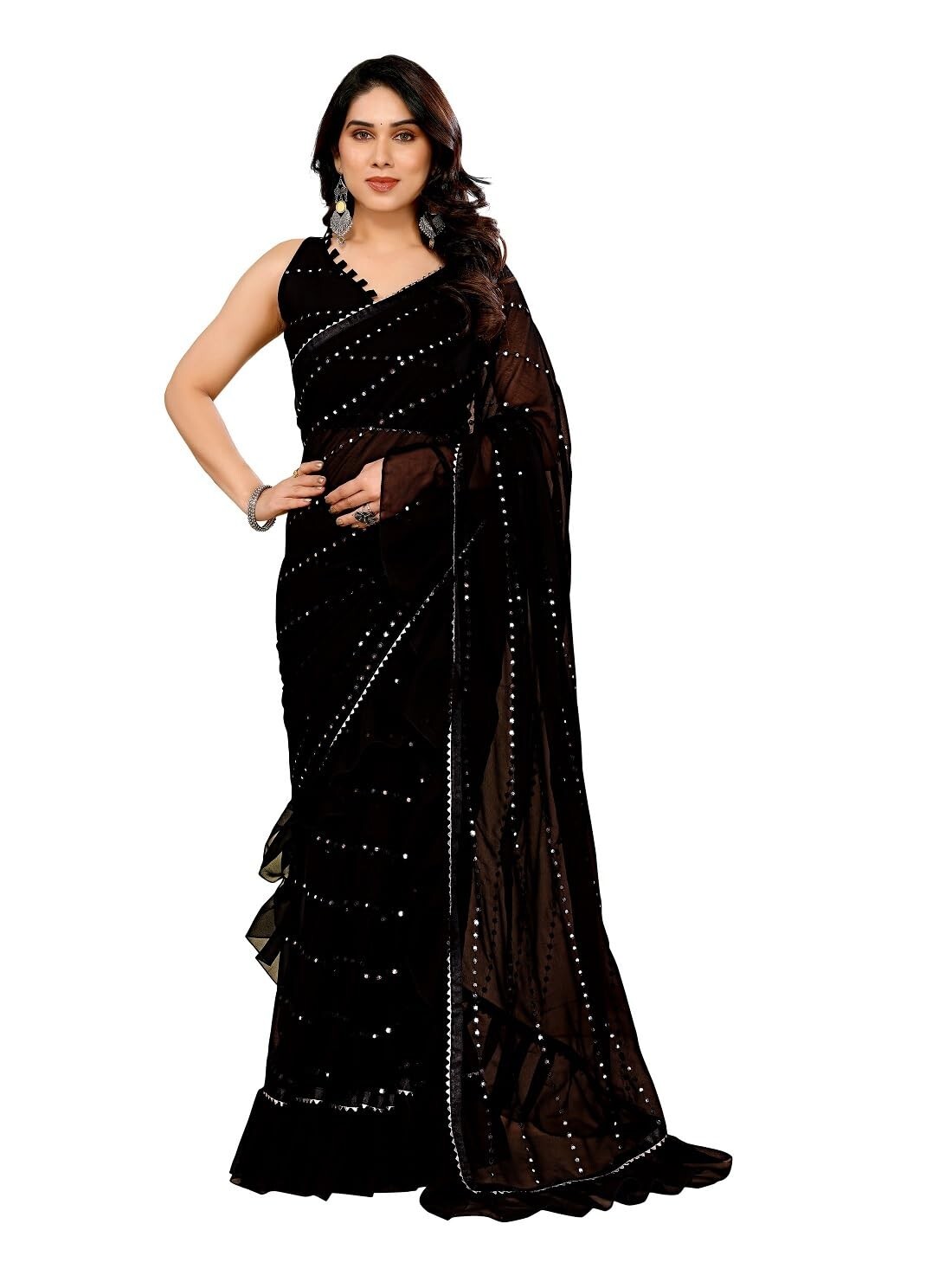 Women’s Ruffles Georgette Sarees For Women With Lace & Solid Blouse