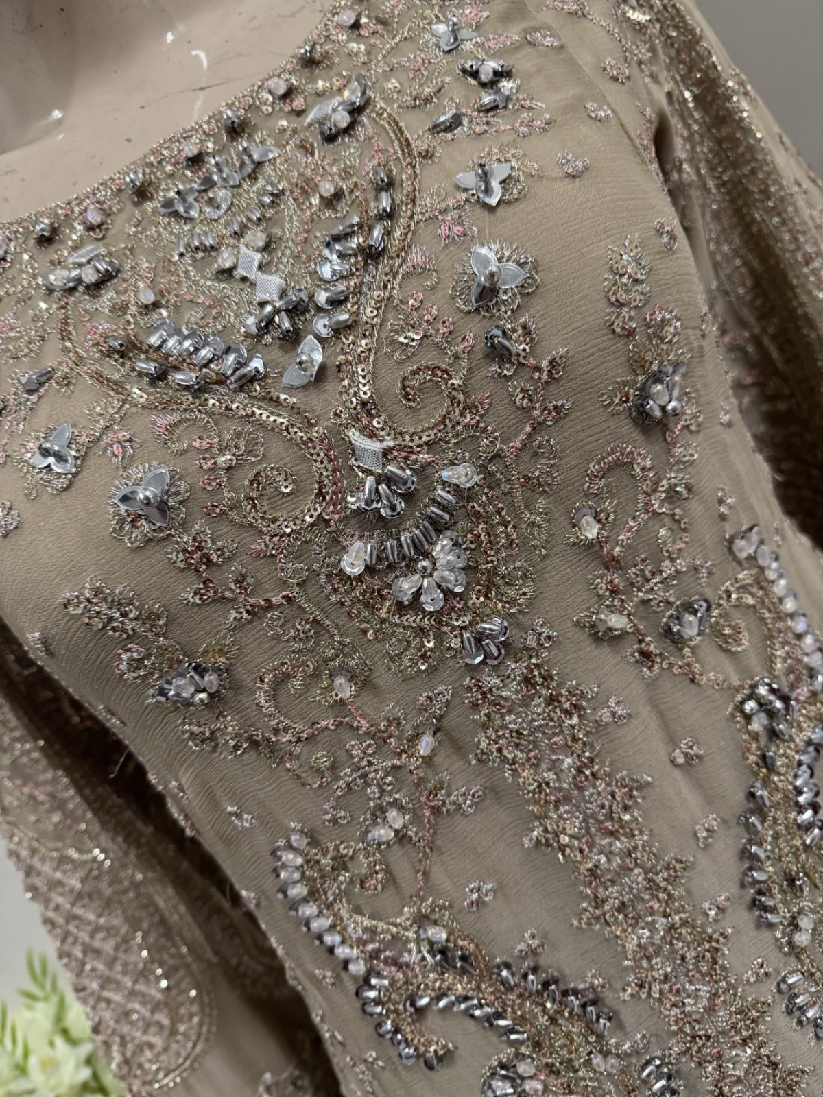 Pakistani Dark Beige Straight Style Embroidered Sequins Chiffon Sharara Dress,L