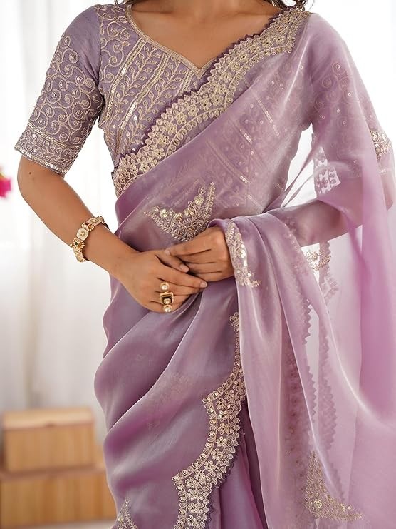 Women’s Tissue Silk Sequin Embroidery Scalloped Border Saree with Unstitched Blo