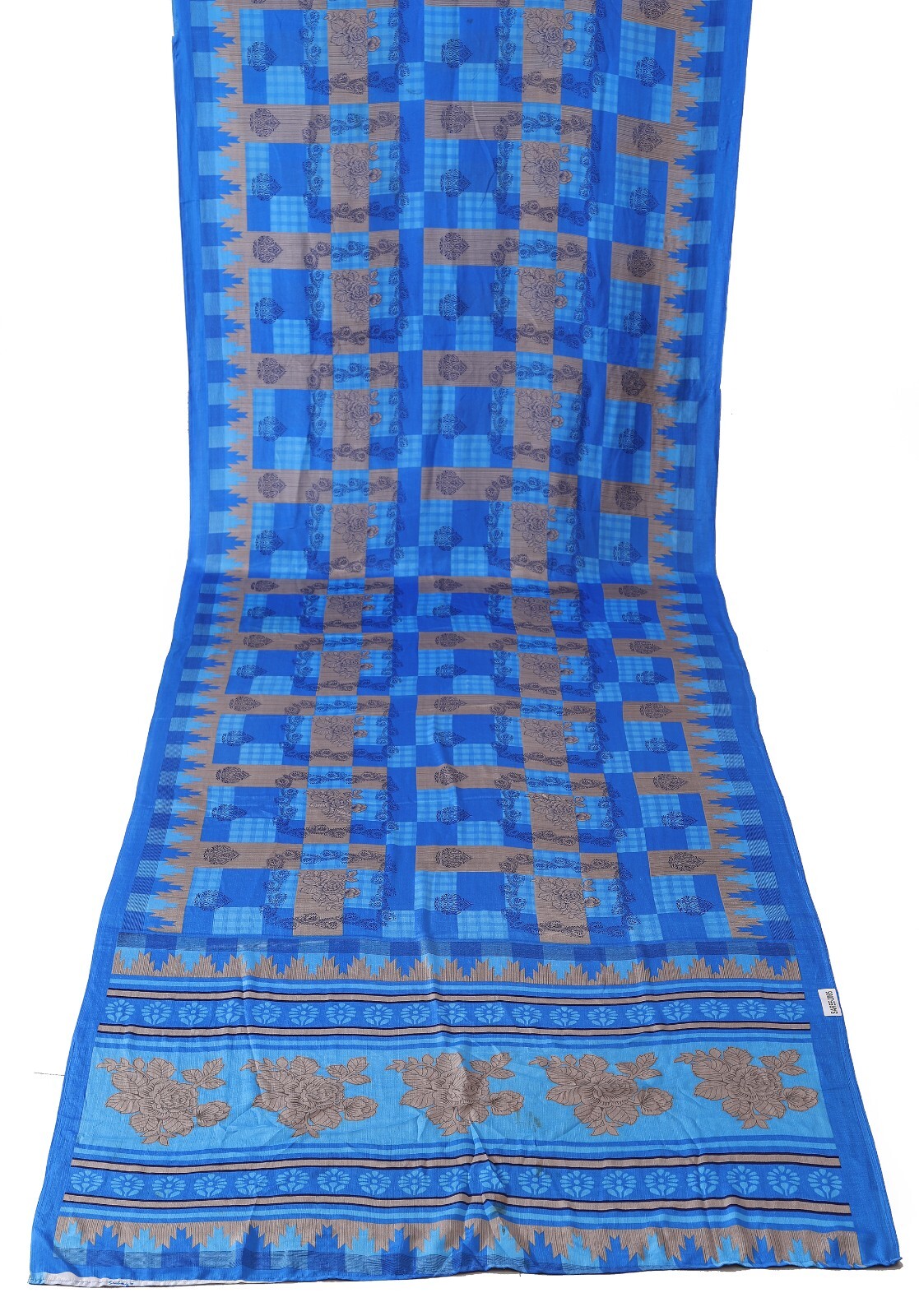 Vintage Pure Silk Saree Recycle Printed Sari Wrap Sarong Beige Blue Dress Fabric