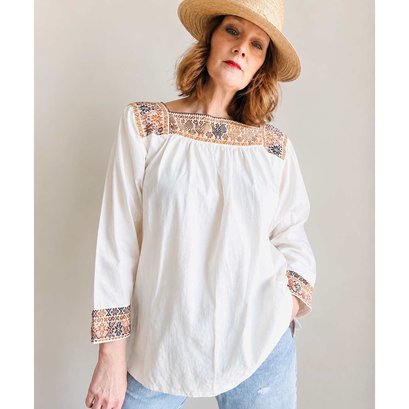 Vintage 70s Peasant Blouse Boho Hand Embroidered Cotton Folk Festival Shirt SZ M