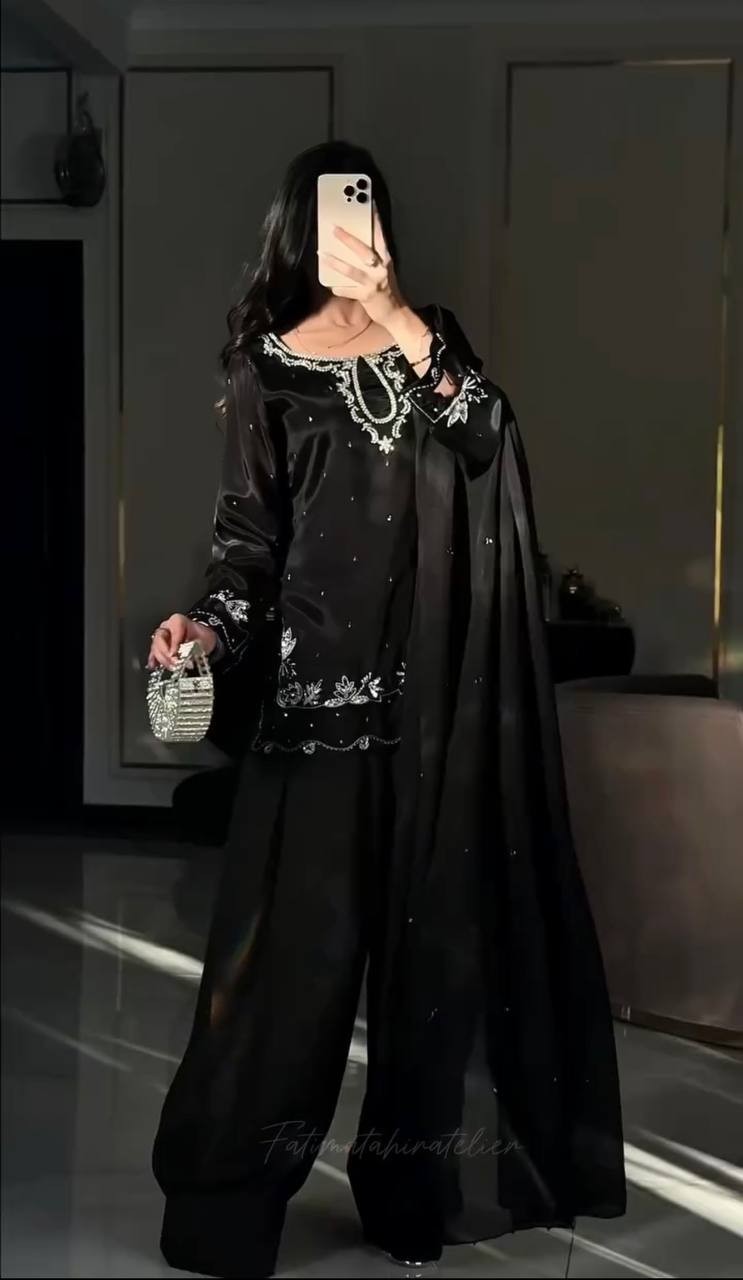 Natural Satin Black Top Bottom With Dupatta For Ethnic & Festival Wear