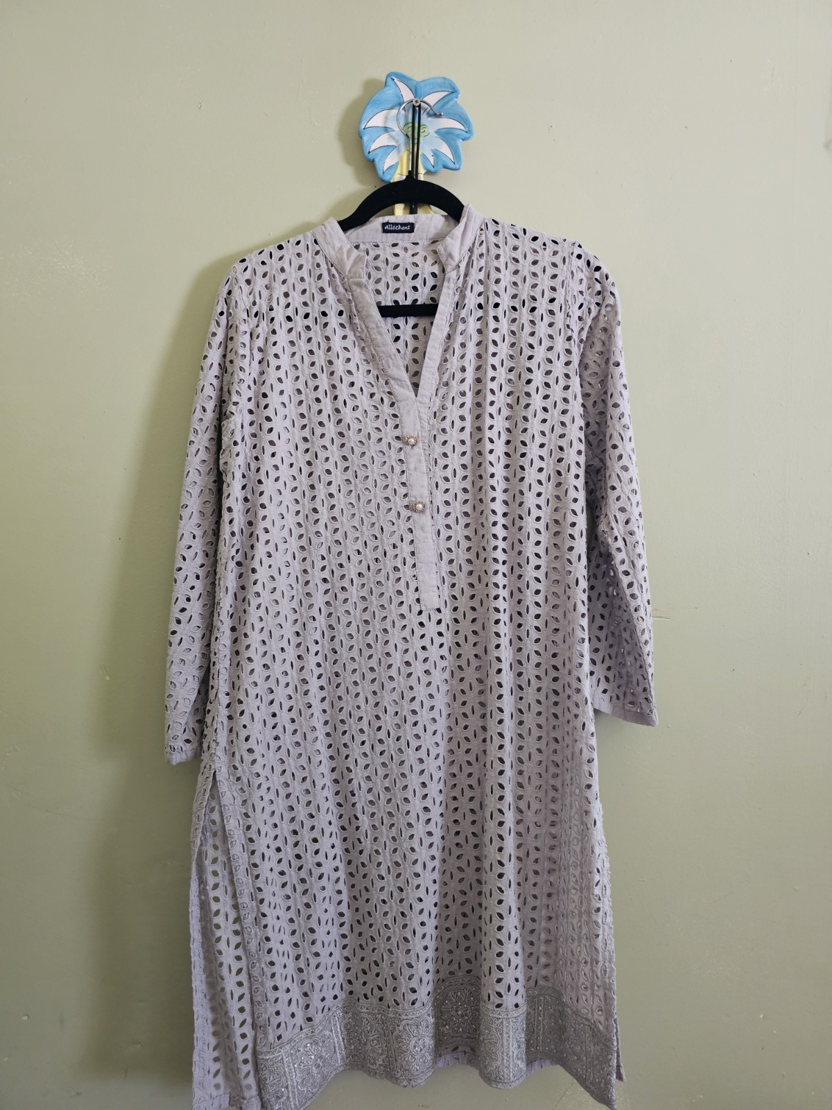 Allechant Women’s Pakistani Kameez Kurta Tunic Eyelet Cotton Beige M