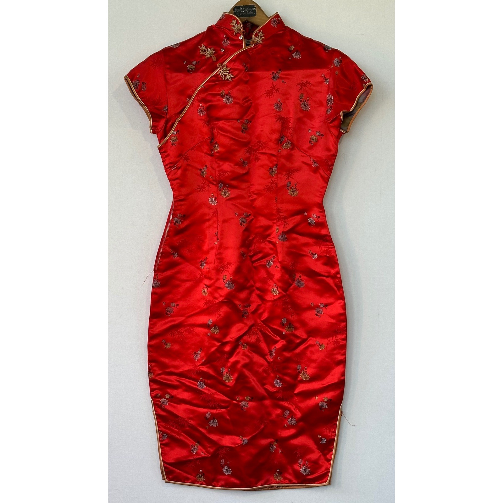 Red Cheongsam Qipao Floral Brocade Dress Womens Small Red Excellent