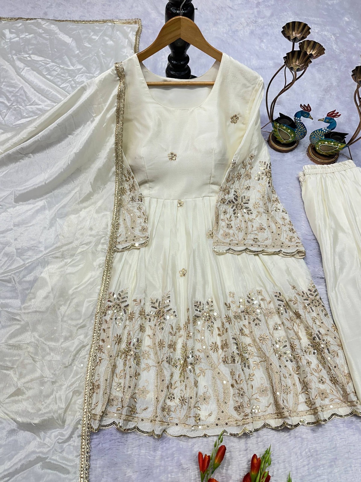 Presenting Heavy Chinon Silk White Top Palazzo And Dupatta For Wedding Wear