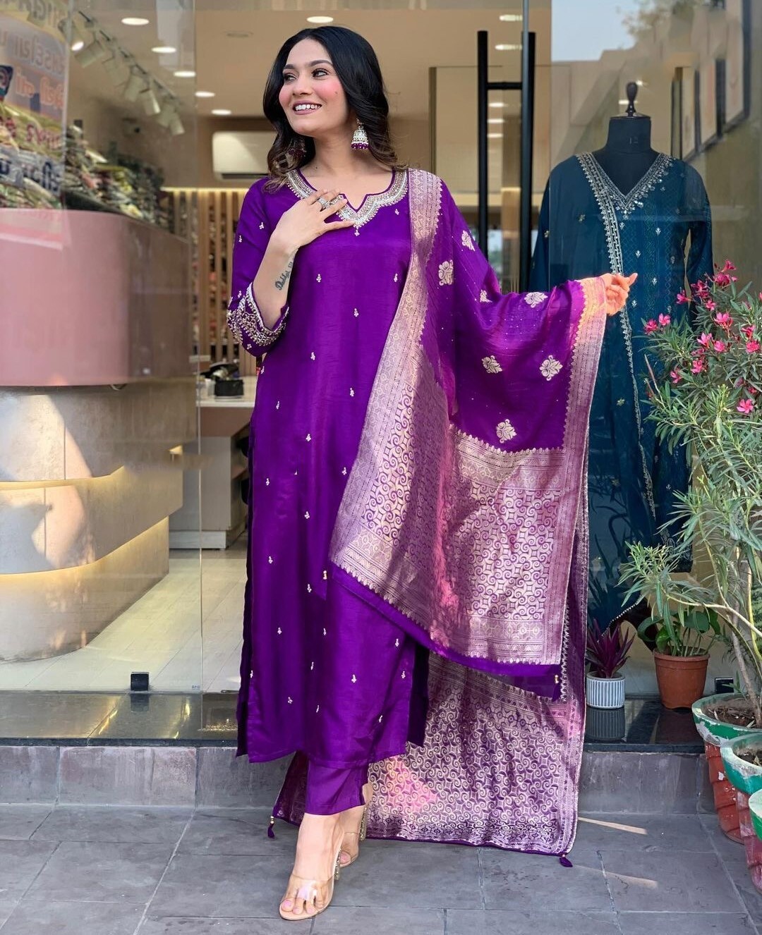 Women’s CHANDERI SILK Embroidery wine Kurta with Pant & Dupatta