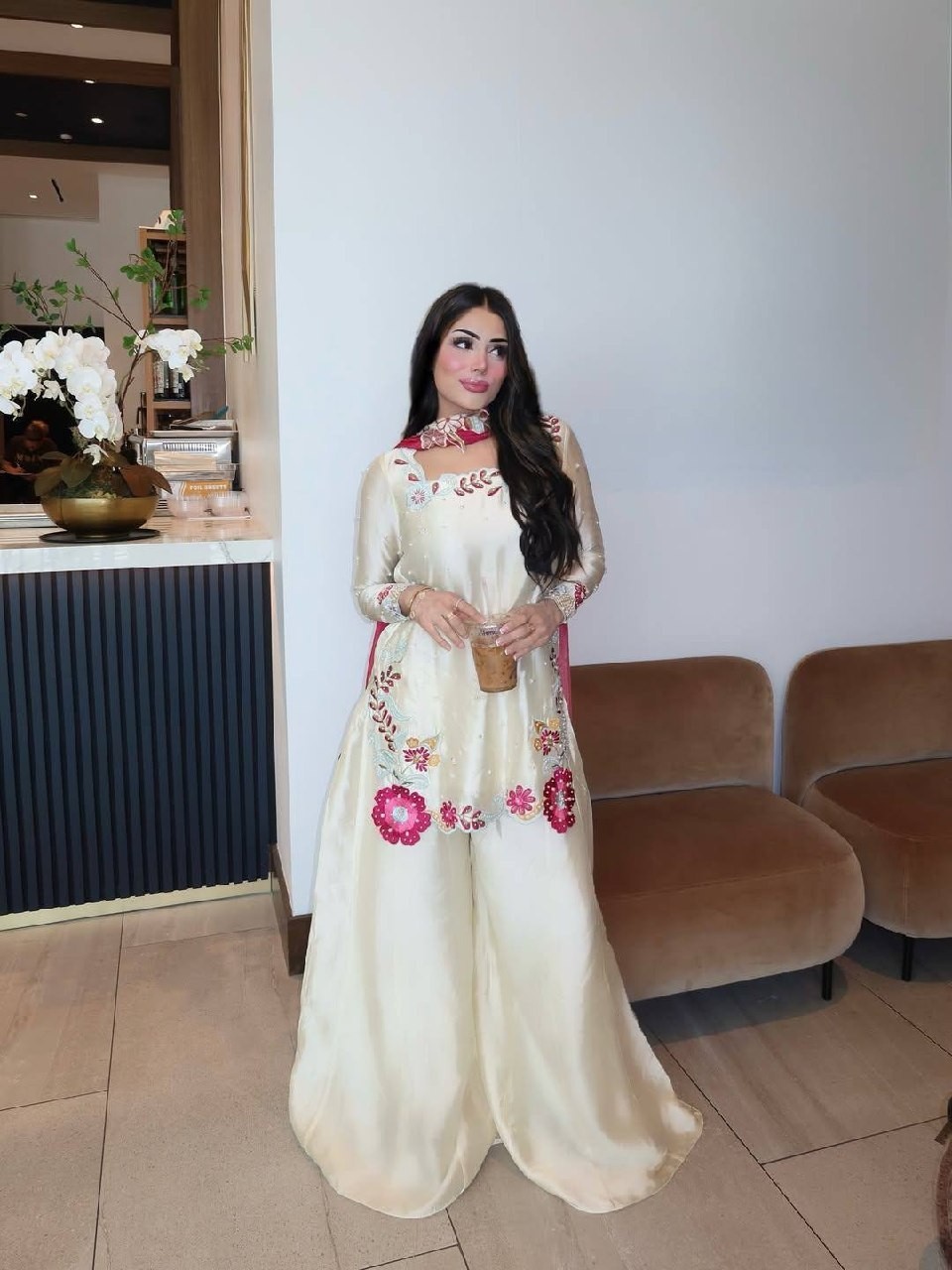 Pakistani Style Heavy Embroidery & Moti Work Roman Glass Kurti Farshi Salwar Set