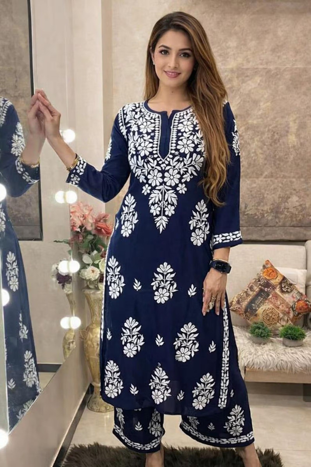 2 PCS Navy Blue Floral Chikankari Kurta with Palazzo For Women Pure Cotton Gift