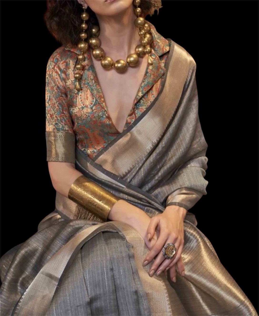 Benaras Silk Organza Saree Sari India Silver White Gold Yellow Blouse Indian NEW