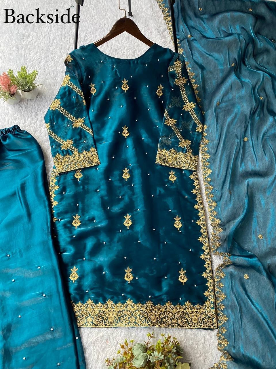 Exclusive Heavy Silk Teal Blue Top Palazzo With Dupatta For Festival & Party