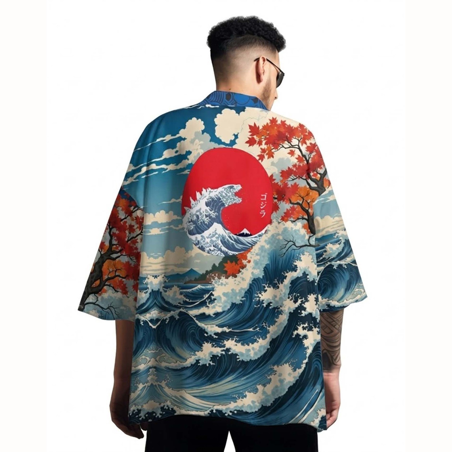 Niepce Men’s Japanese Graphic Lightweight Blue Oceans Kimono Cardigan Shirt Top