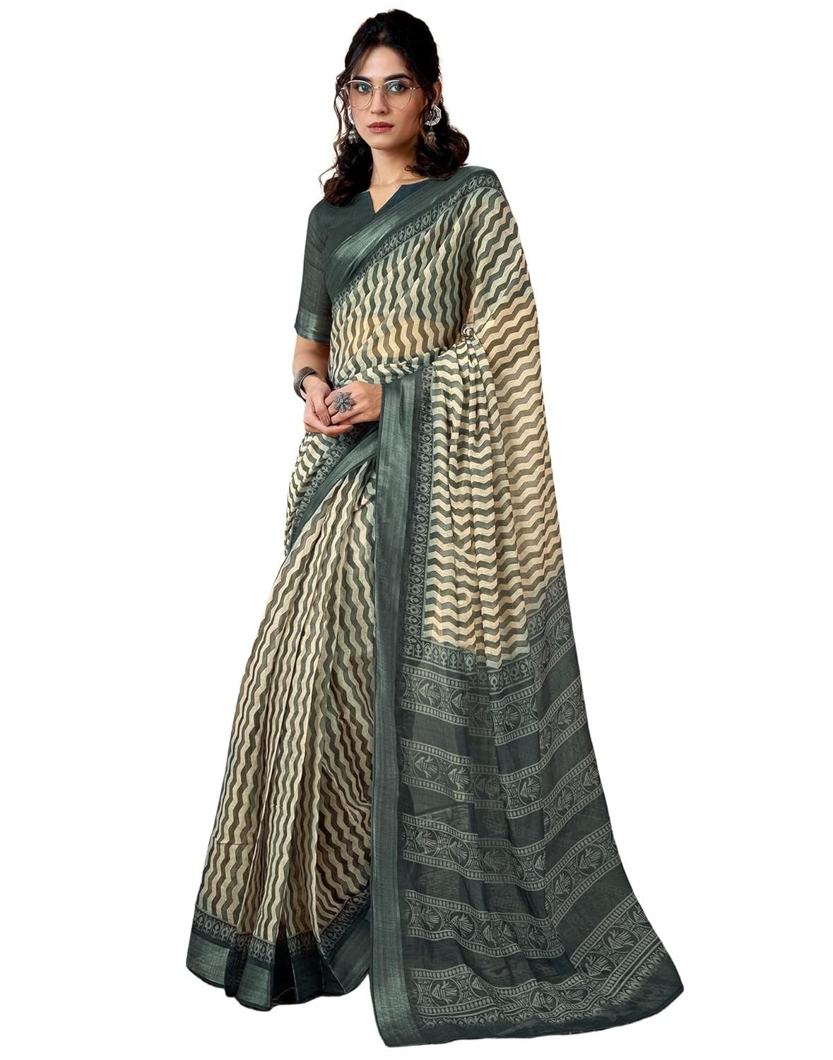 Women’s Printed Cotton Linen One Minute Ready to Wear Saree with Pocket & Blouse