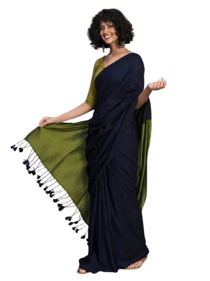 Dual Tone Plain Pure Kadhi Cotton Saree with Blouse Piece