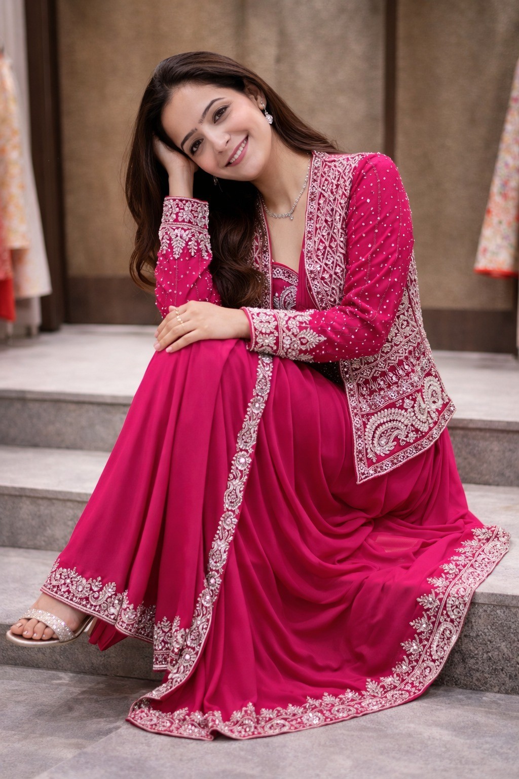 Crepe Silk Saree with Jacket Koti Embroidery Sequins Work Belt Wedding Wear