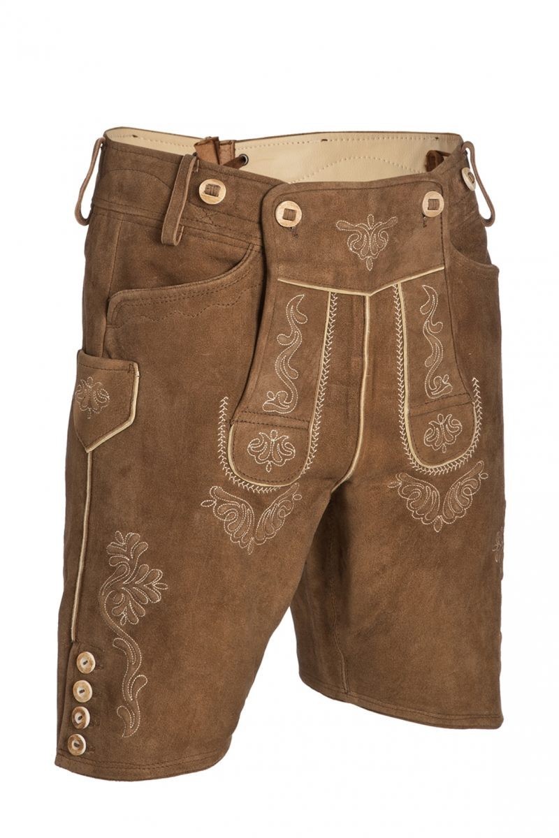 Mens Brown Leather Lederhosen Shorts: Bavarian Hand-Embroidered Oktoberfest Outf