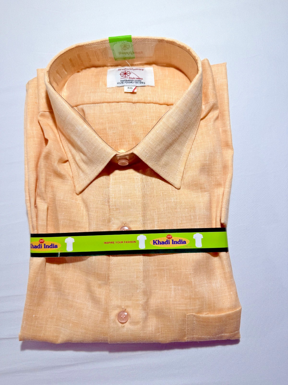 Khadi India Shirt Men Size 46 Handwoven Cotton Linen Style Peach Kurta Dress Shi