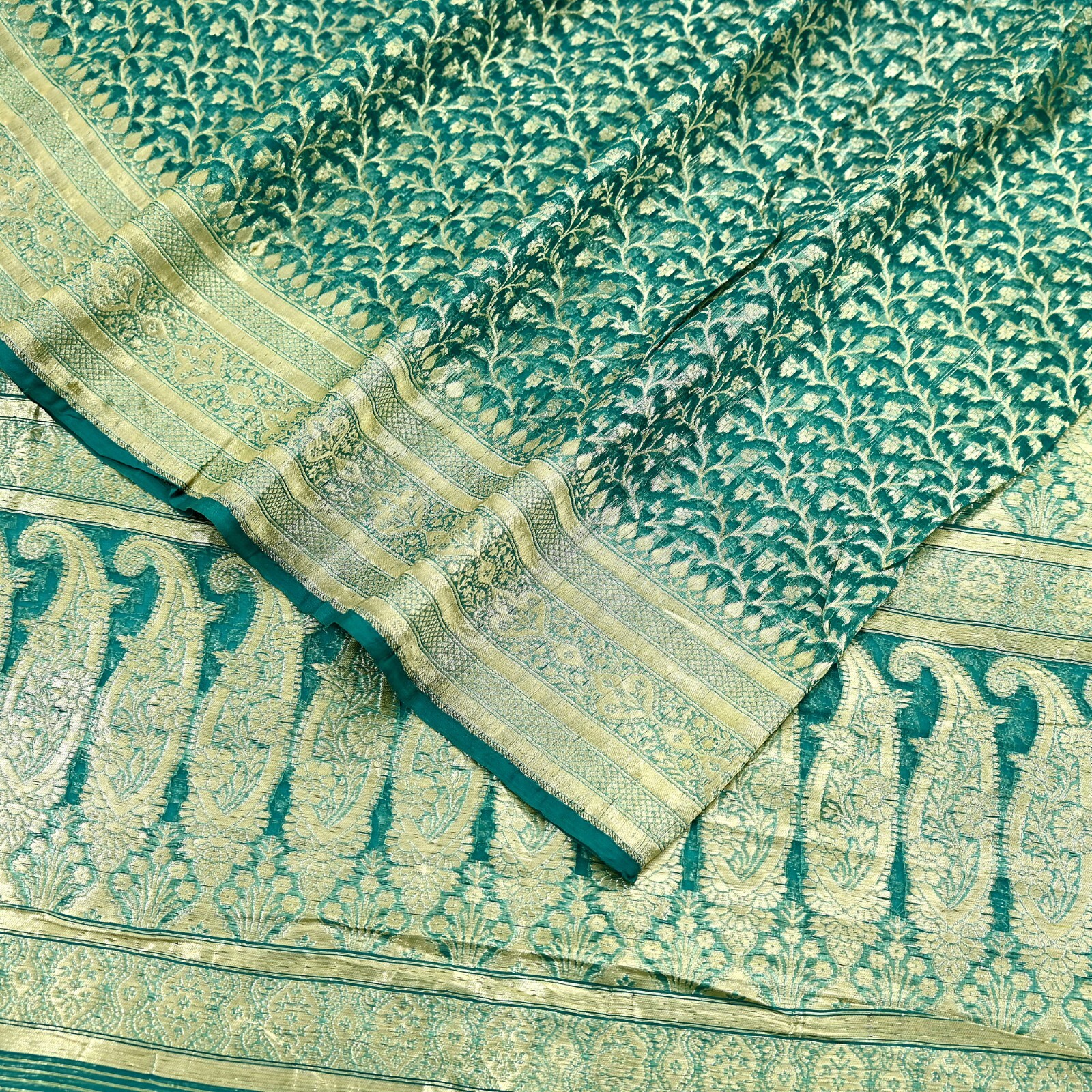 Vintage Sari Heavy Green Pure Organza Silk Woven Brocade Banarasi Saree Zari 5Yd