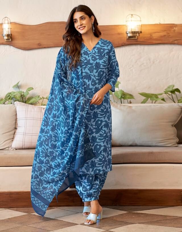 Women’s Cotton Suit Set Printed Kurta with Pant & Dupatta Straight Kurta Set