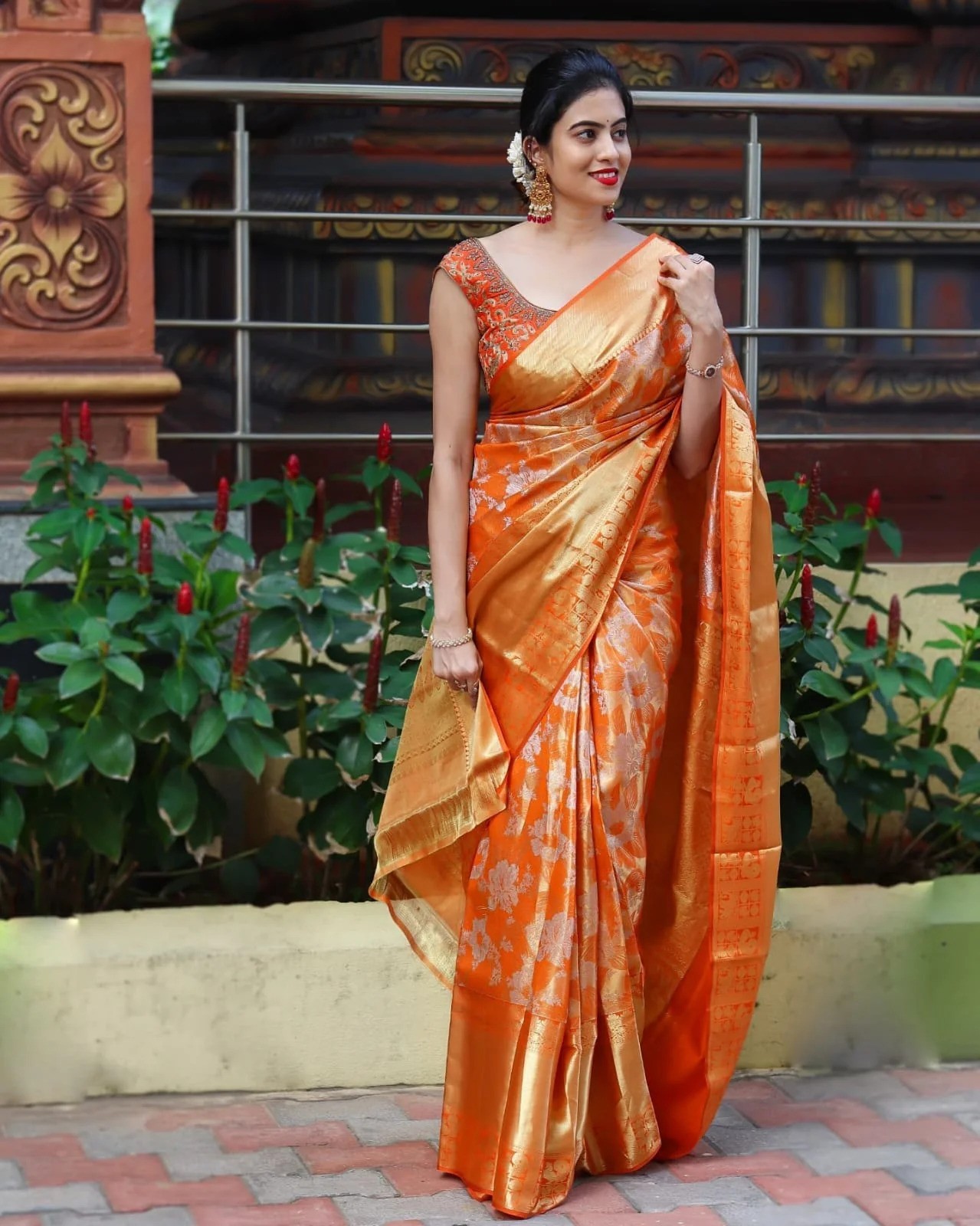 Women Orange Soft Banarasi Silk Saree With Blouse Piece