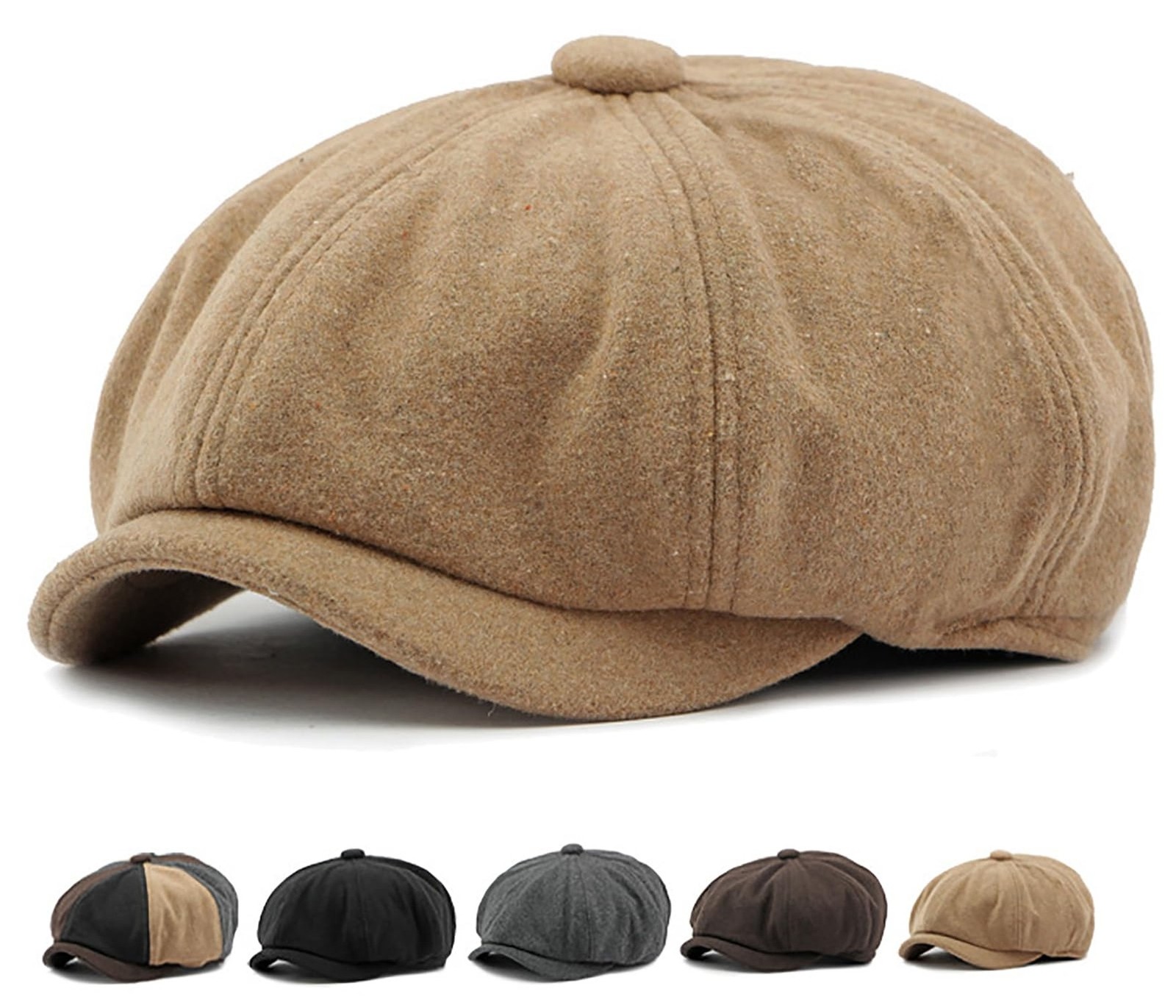 Men’s 8 Panel Newsboy Cap Vintage Tweed Cap Herringbone Cabbie Flat Cap Khaki
