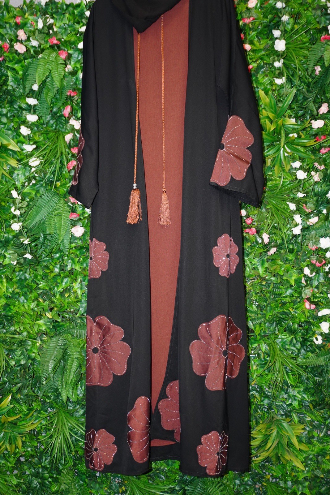 Black Brown Women’s Kaftan Middle Eastern Traditional with Floral Tassel Ties