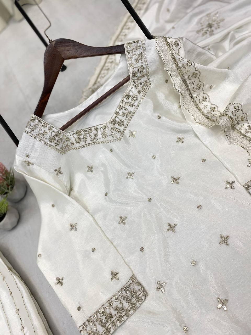 New Fancy White Chinon Top And Palazzo With Dupatta For Women Festival Wear