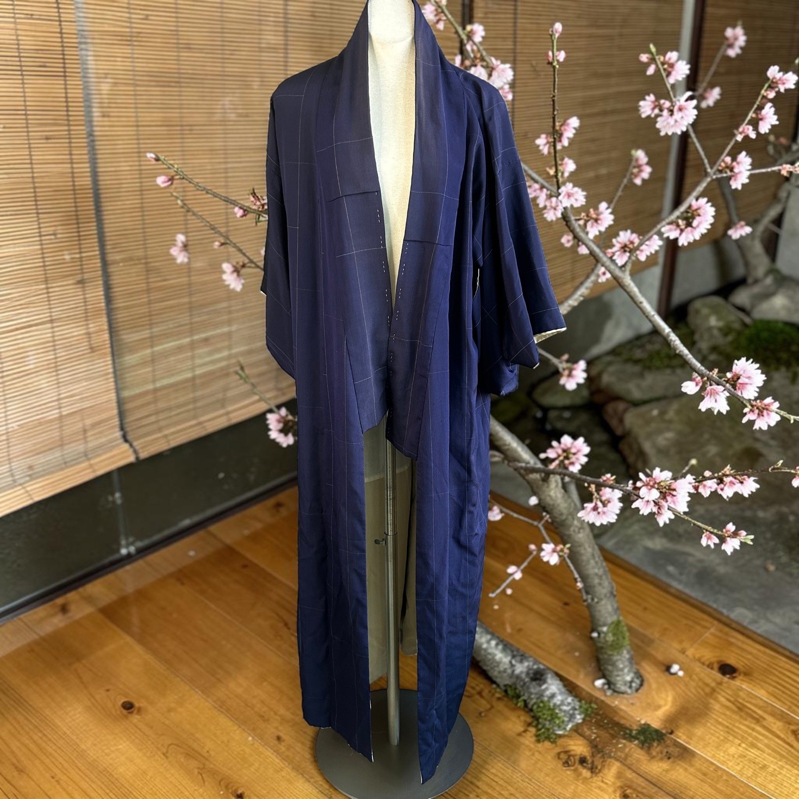 Japanese Vintage Navy Blue Windowpane Full Length Kimono Robe 100% Silk Lined