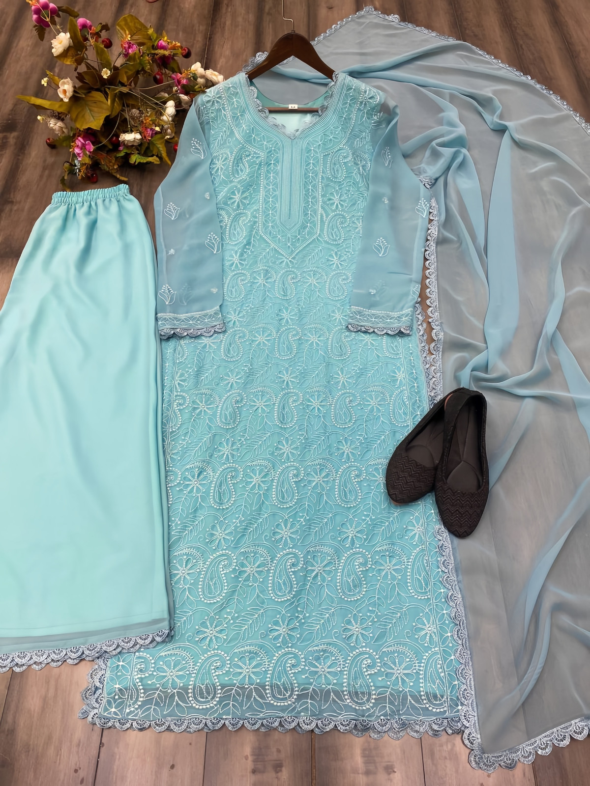 Georgette Embroidered Chikankari V Neck Kurta with Palazzo and Dupatta