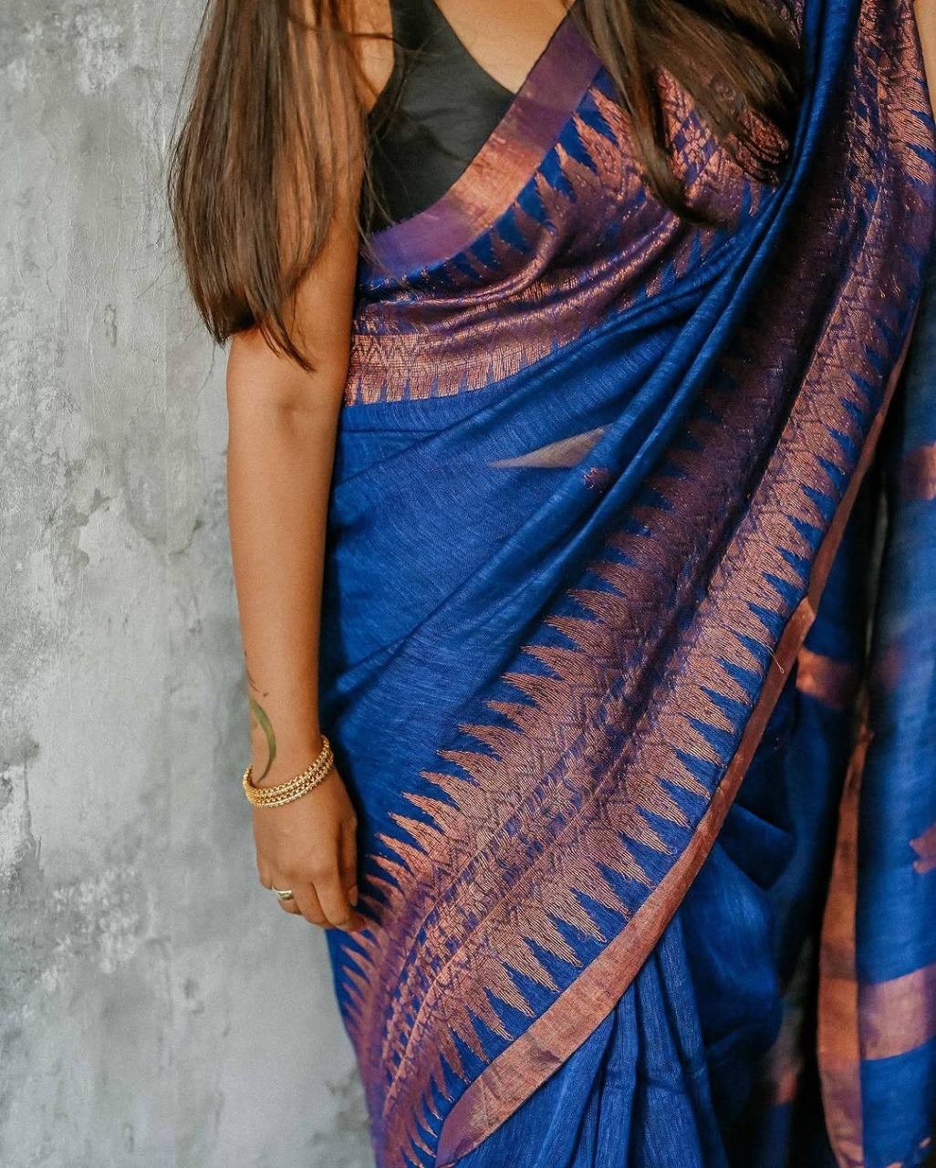 Royal Blue Soft Lilan Saree with Copper Zari Work & Rich Blouse Indian wedding