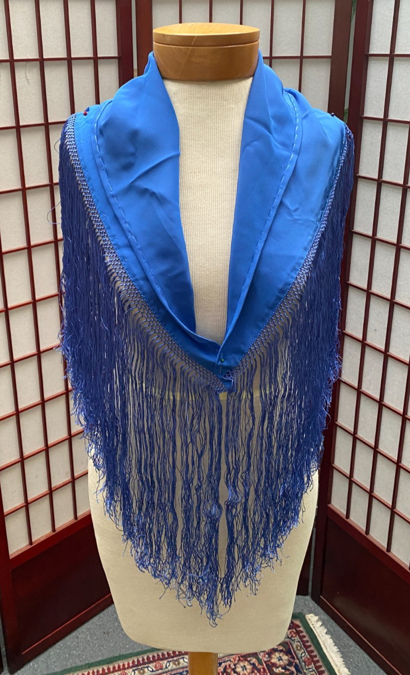 Flamenco Shawl Mantoncillo Pico Fleco, Color Royal Blue Taffeta with Long Fringe