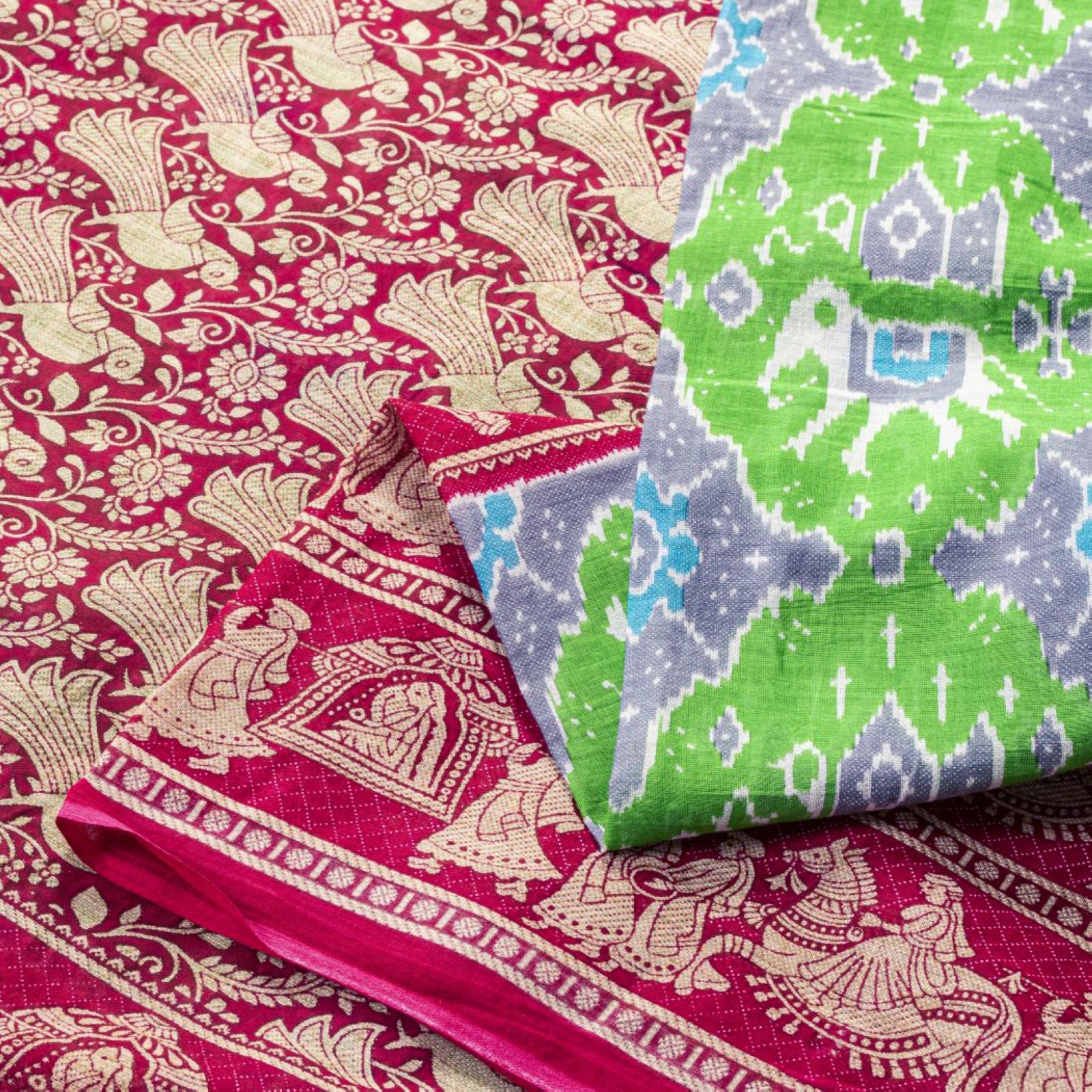 Sanskriti Vintage Saree Green Pure Cotton Kat Printed Peacock Sari 5+Yd Fabric