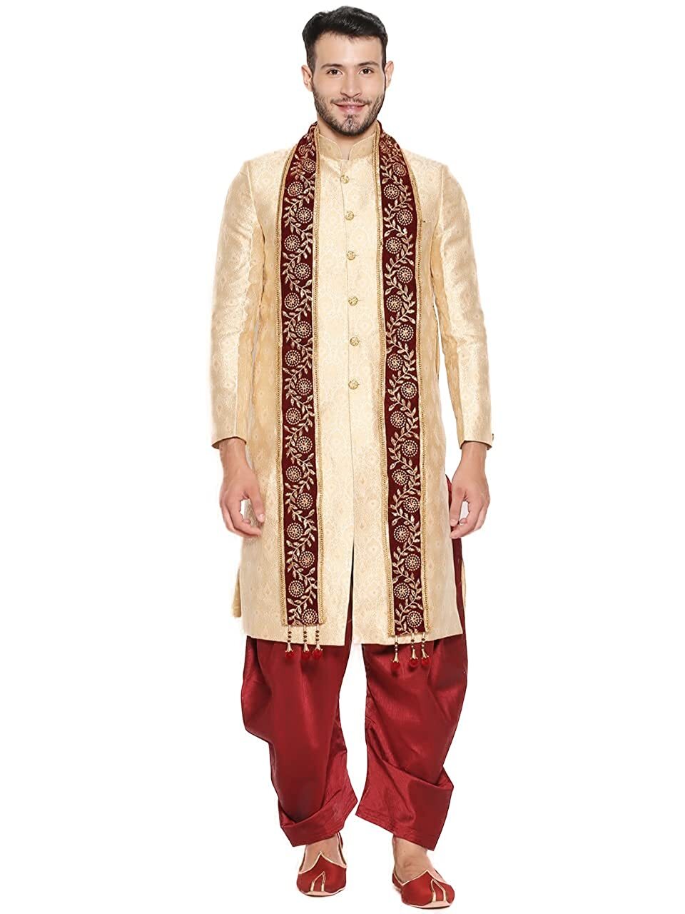 Men’s Maroon Embroidered Velvet Stole Dry Clean Only, Size:2.5 meters