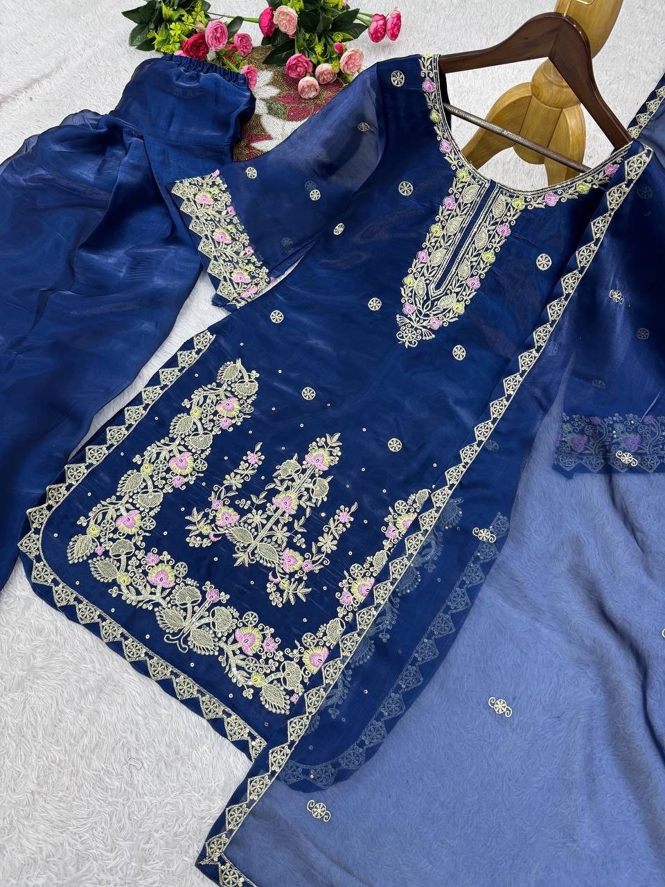 New Presenting Pure Silk Blue Top Bottom With Dupatta For Wedding & Party Wear