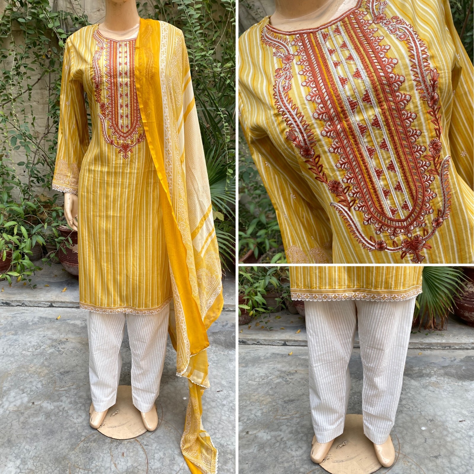 Pakistani Yellow & White Printed Straight Shirt 3-PCS Lawn Suit / Threadwork ,L