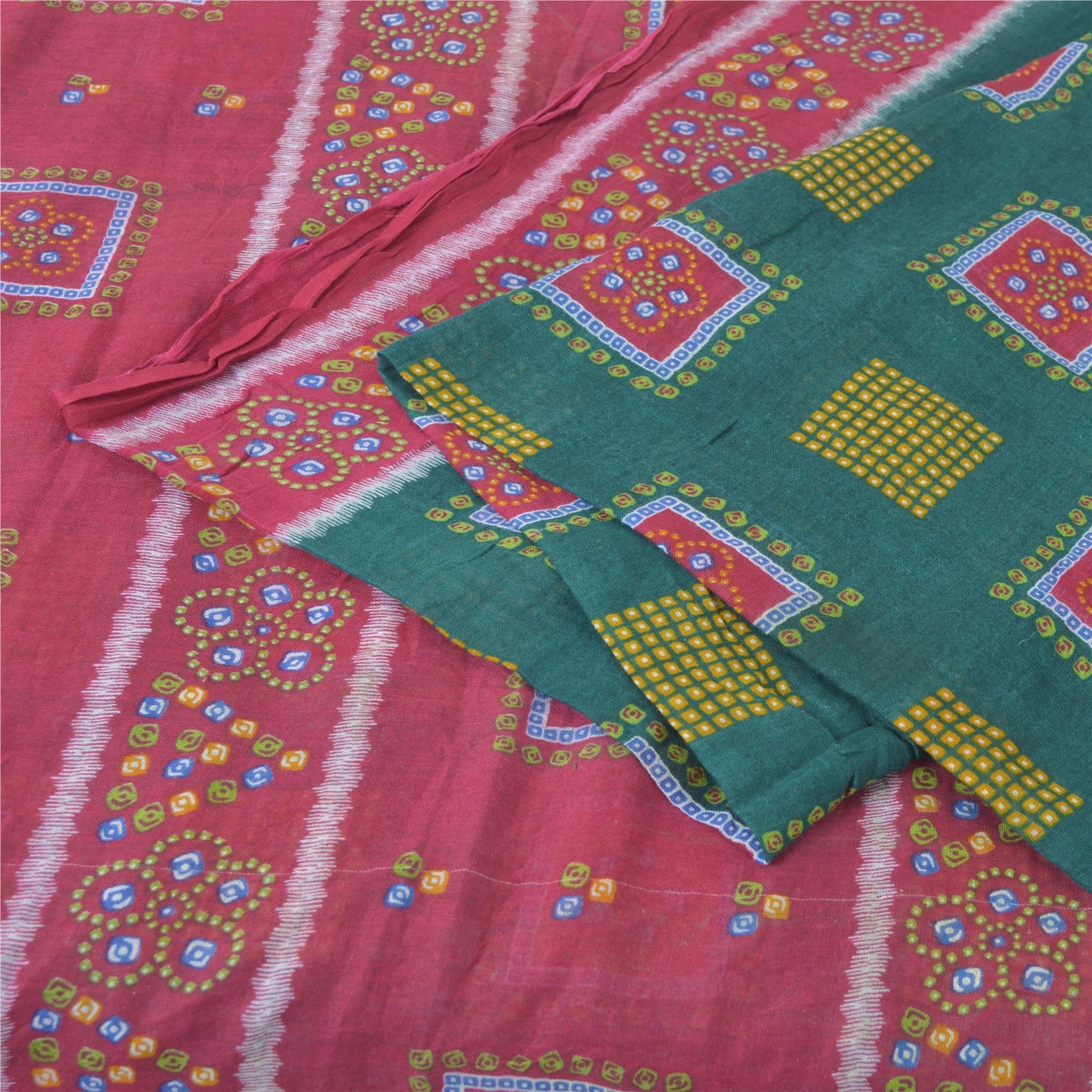 Sanskriti Vintage Saree Green Pure Cotton Bandhani Print Sari 5+Yd Craft Fabric