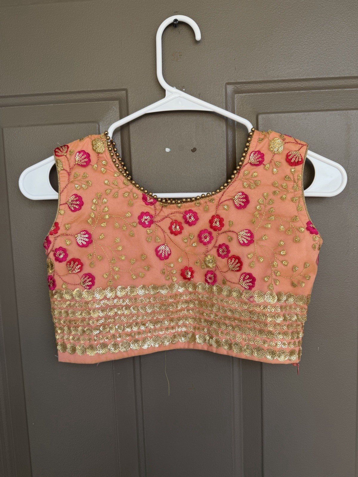 Peach Embroidered Crop Top Saree Blouse Lehenga Choli Gold Pink Sequin XS