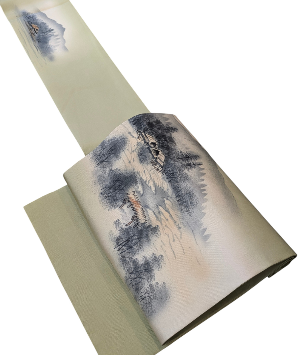Vintage Japanese Kimono Silk Nagoya Obi Light Green Landscape Paint Textile Art
