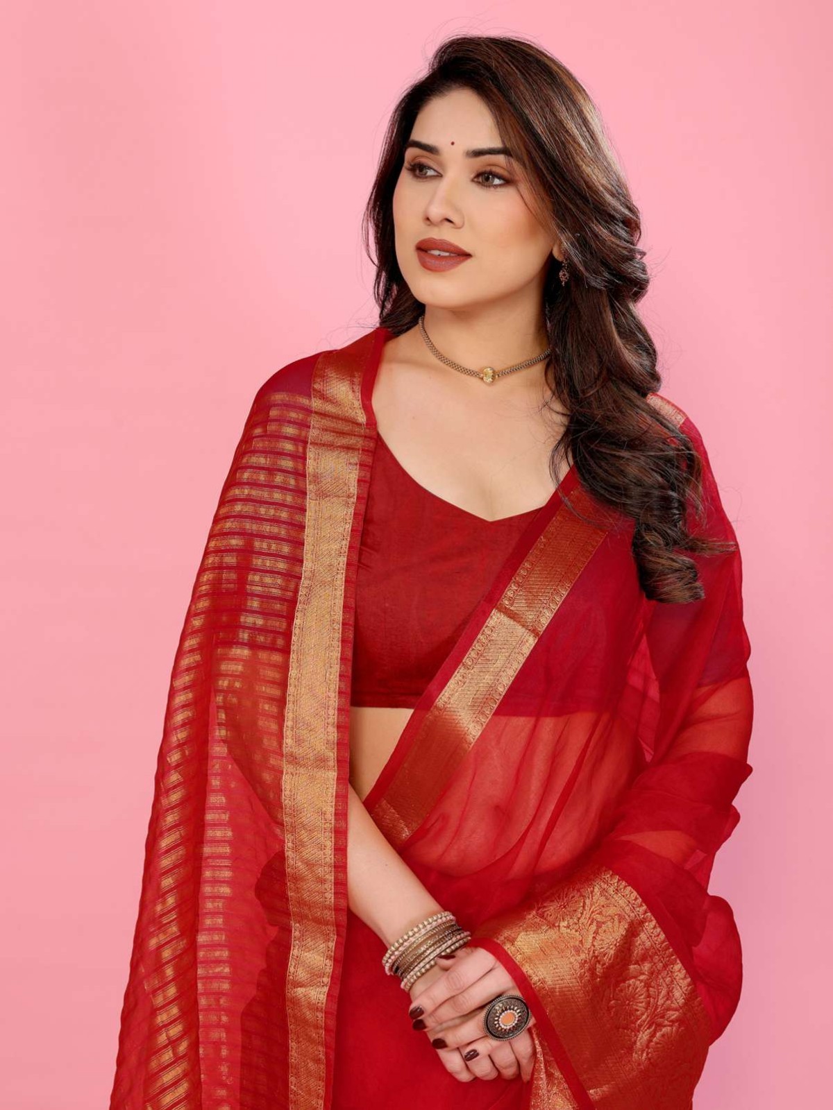Silk Mills Solid, Woven Bollywood Organza Saree with Unstitched Blouse (Red)