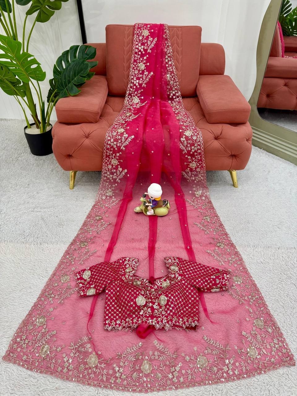 Designer Party Wear Organza Silk Saree With Blouse For Women & Girls