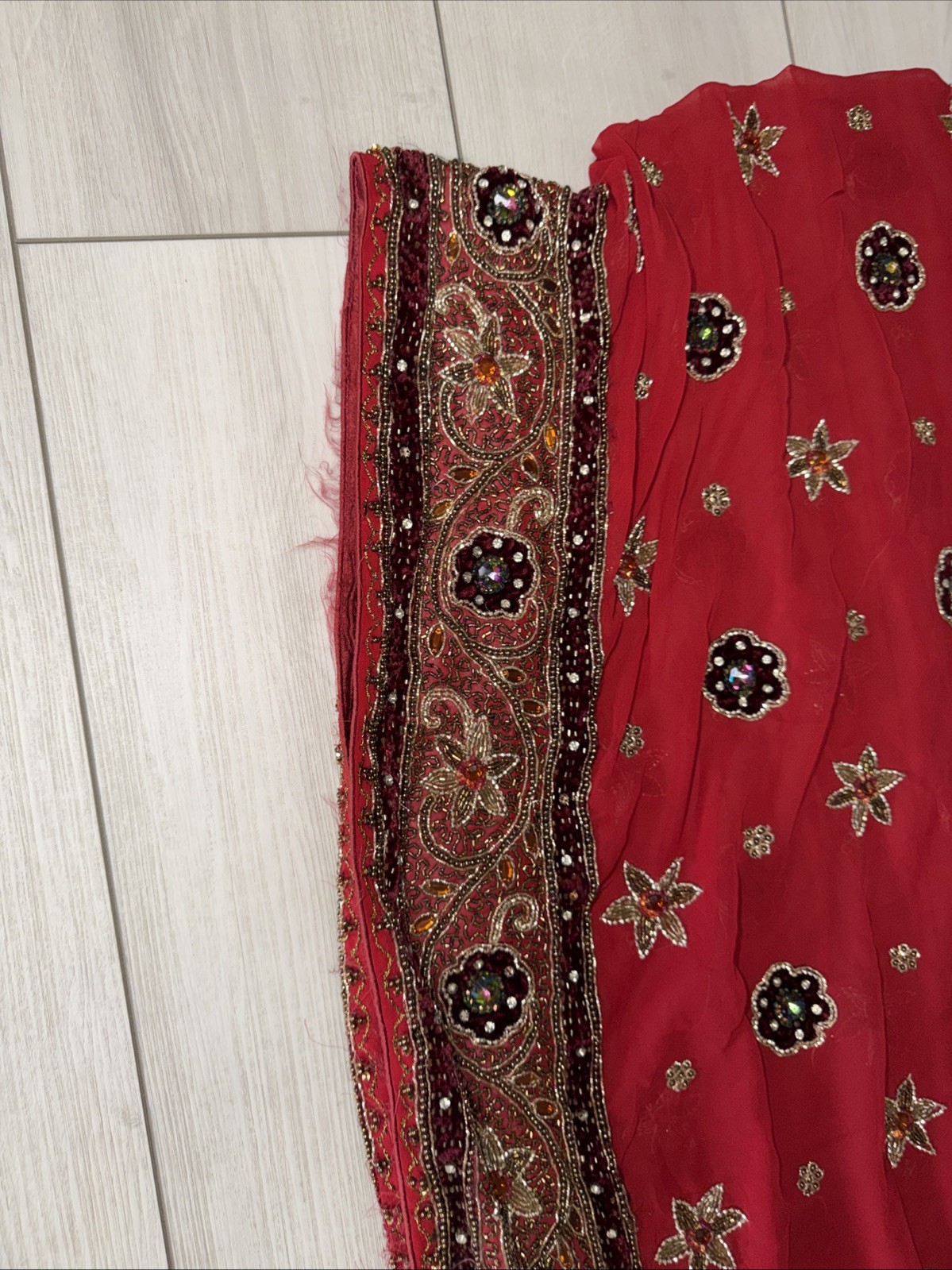 Vintage Heavy Red Bridal Lehenga Skirt & Dupatta Set Hand Embroidered Beaded Zar