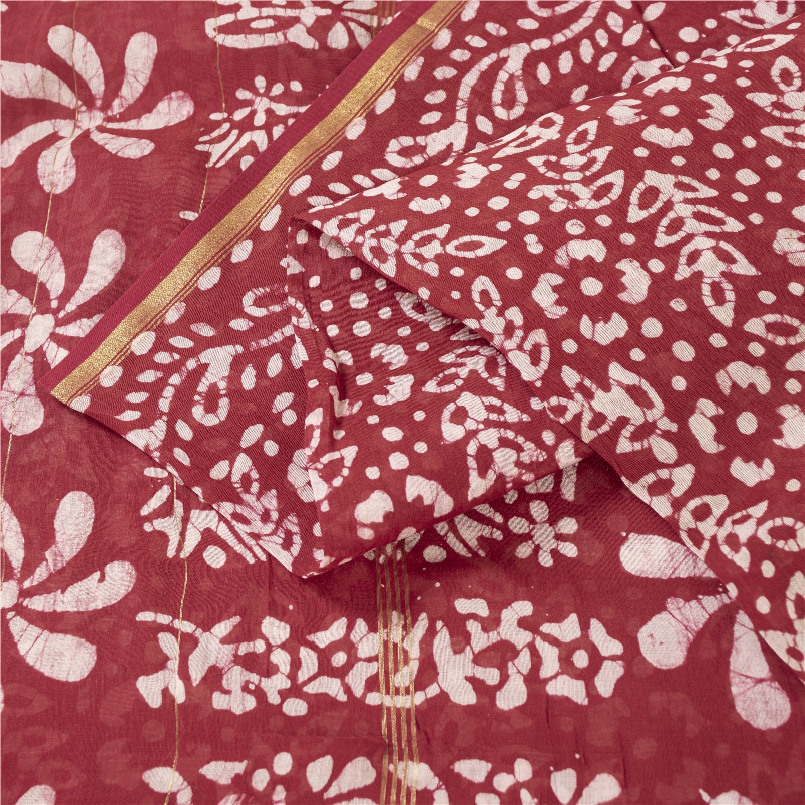Sanskriti Vintage Sarees Red Batik Work Zari Border Pure Cotton Sari 5+Yd Fabric
