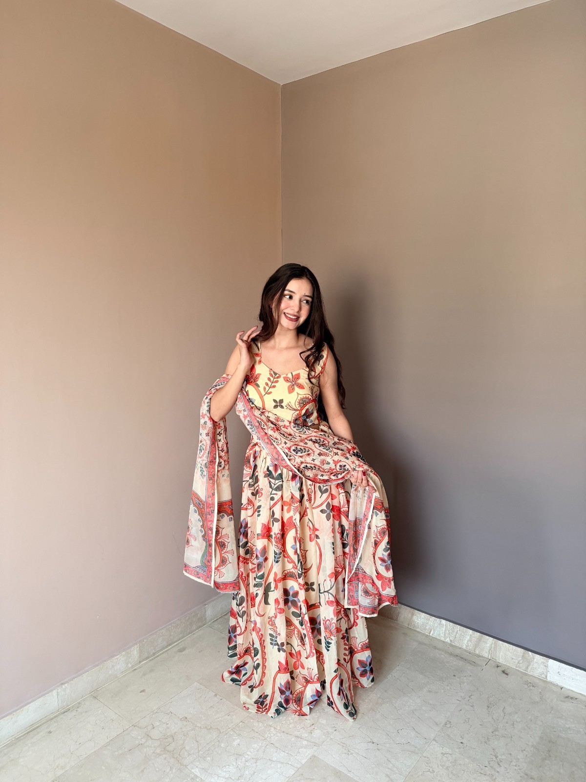 Pure Organza Floral Printed Lehenga Choli Set Intricate Hand Work Sleeveless