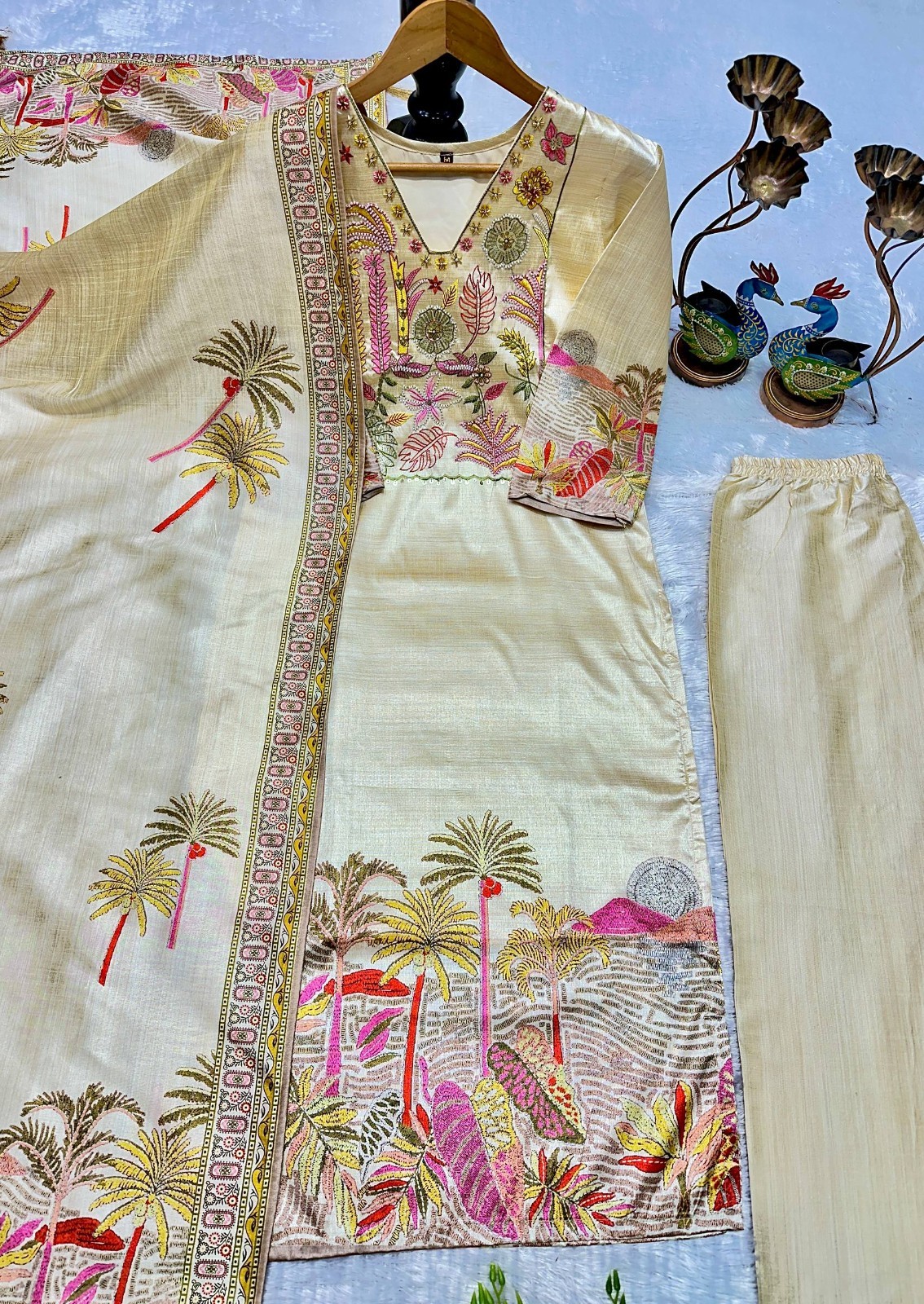 Designer Asam Silk Cream Salwar Kameez With Fancy Dupatta For Indian Party Wear