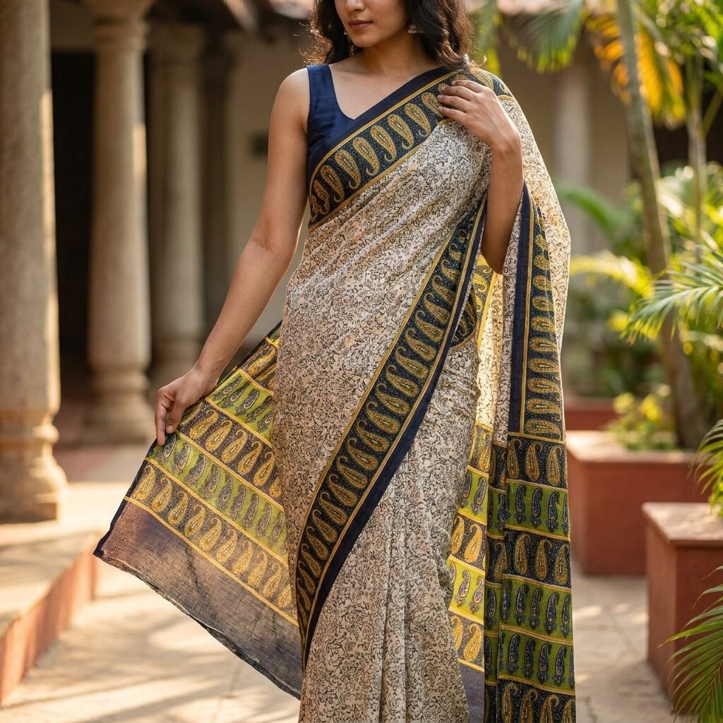 Sanskriti Vintage Off-White-Black Moss Crepe Saree Printed Fabric 6.5+Yard Sari