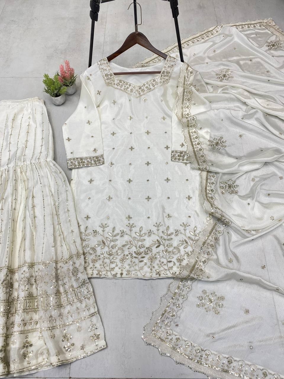 New Fancy White Chinon Top And Palazzo With Dupatta For Women Festival Wear