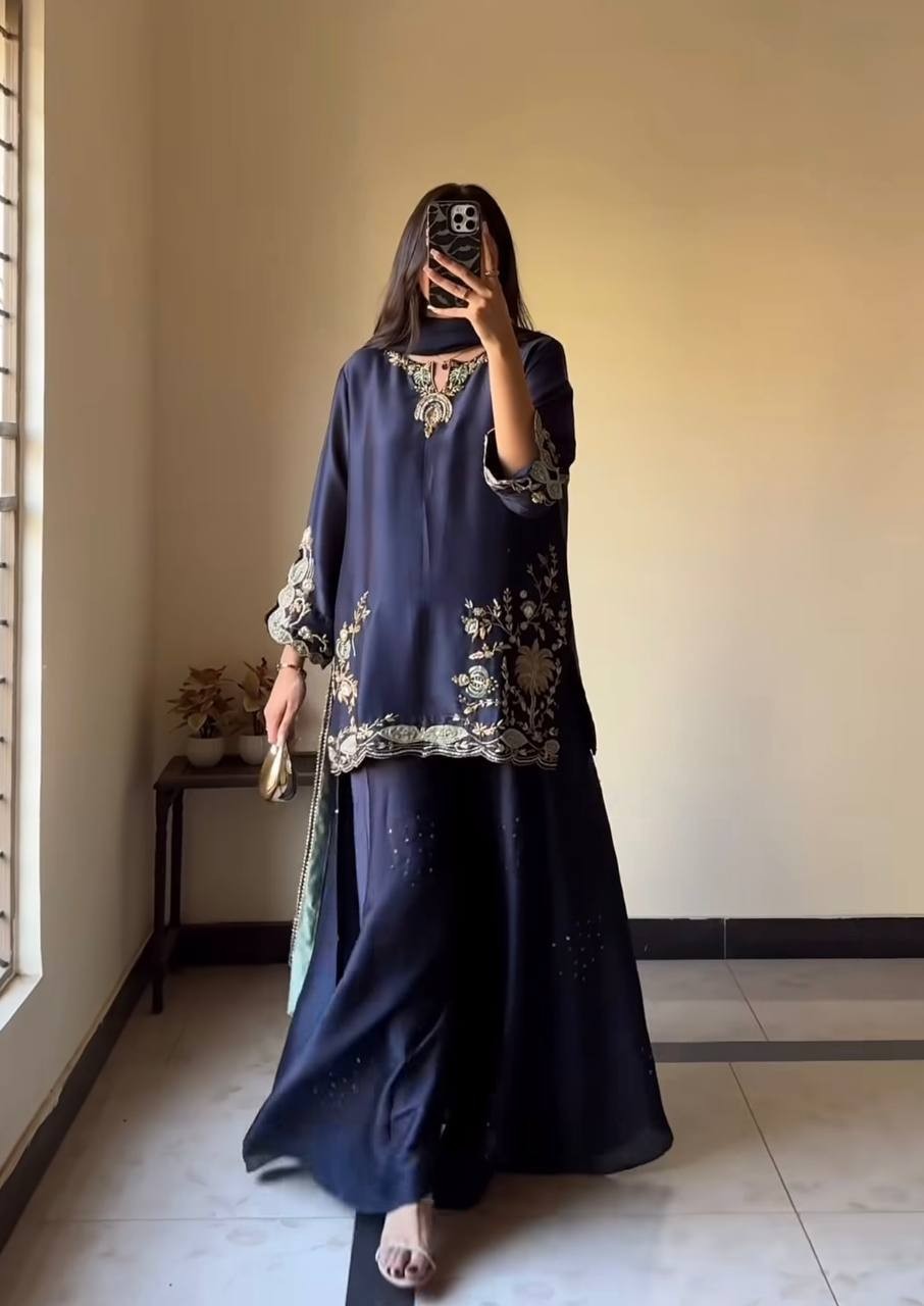 Natural Crepe Silk Blue Top Palazzo With Dupatta For Functional Wear